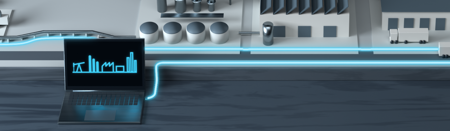 A miniature energy chain on a desk, from an oil well to a city, joined by a glowing cyan line that ends at an open laptop.