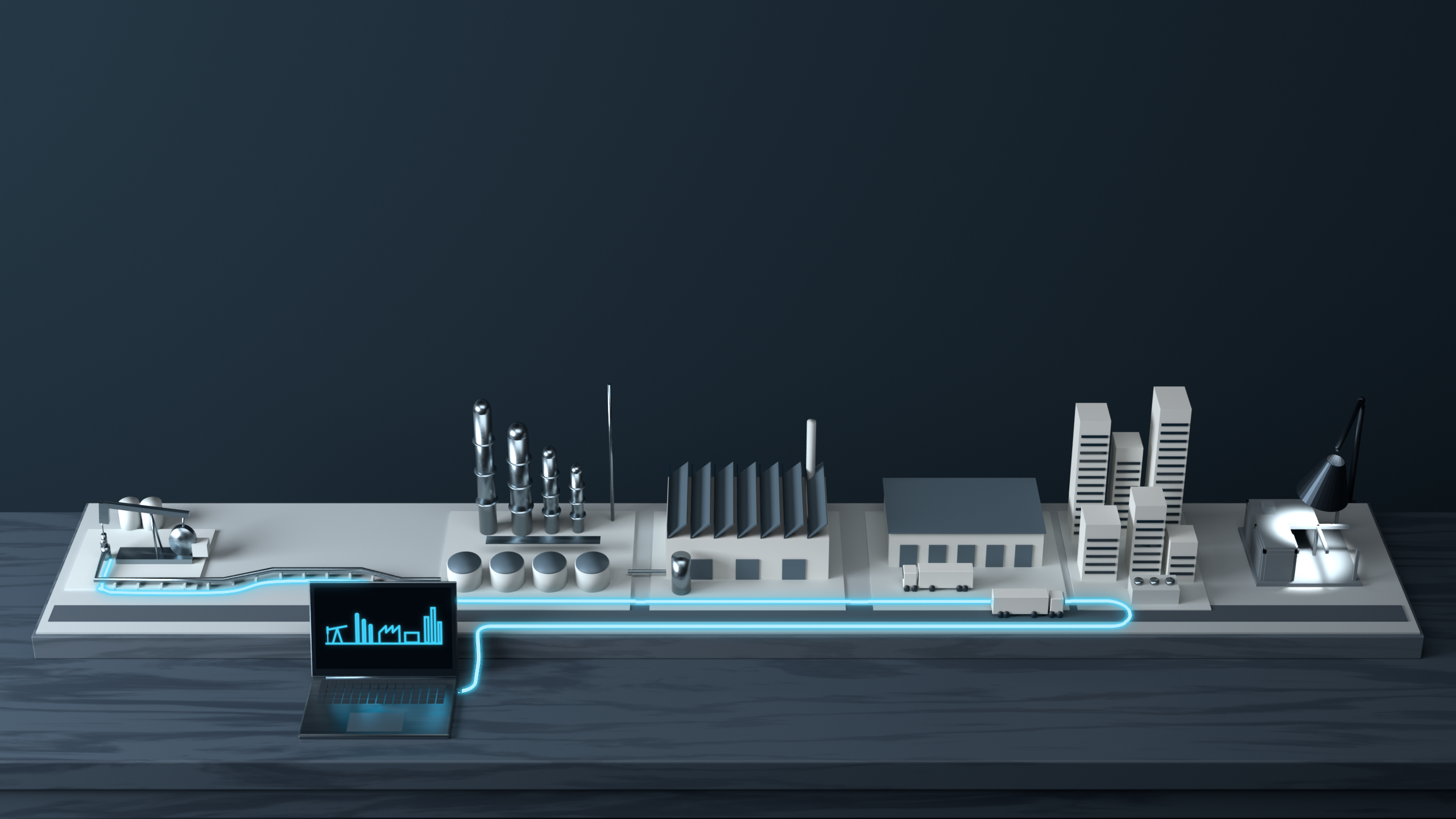 A miniature energy chain on a desk, from an oil well to a city, joined by a glowing cyan line that ends at an open laptop.