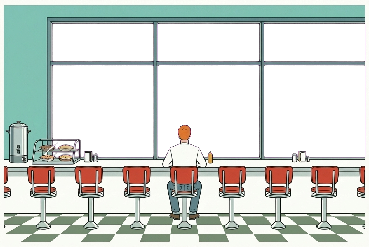 A diner counter where a man looks out on an industrial landscape under construction